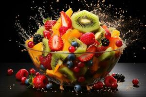 AI generated A bowl of vibrant fruit salad bursting with fresh berries, citrus segments, and kiwi. Generative AI photo