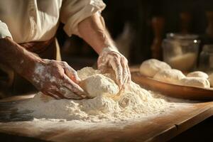 AI generated A rustic scene of hands kneading dough on a flour-covered surface, ready to be baked into bread. Generative AI photo