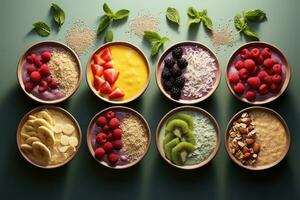 AI generated An assortment of colorful smoothie bowls topped with fresh fruit and granola. Generative AI photo