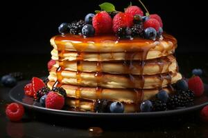 AI generated A stack of fluffy pancakes drizzled with maple syrup and adorned with fresh berries. Generative AI photo