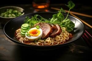 AI generated A flavorful bowl of ramen with tender slices of pork, soft-boiled egg, nori, and scallions in a rich broth. Generative AI photo