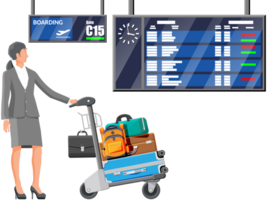 Woman and Hand Truck Full of Bags in Terminal. png