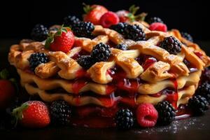 AI generated A close-up of a lattice-topped fruit pie with a mixture of berries spilling out from between the golden crust. Generative AI photo