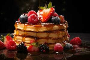 AI generated A stack of fluffy pancakes drizzled with maple syrup and adorned with fresh berries. Generative AI photo