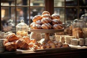 AI generated An image of a bakery display featuring a variety of freshly baked pastries, croissants, and Danishes. Generative AI photo