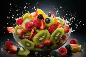AI generated A bowl of vibrant fruit salad bursting with fresh berries, citrus segments, and kiwi. Generative AI photo