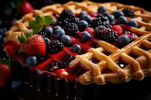 AI generated A close-up of a lattice-topped fruit pie with a mixture of berries spilling out from between the golden crust. Generative AI photo