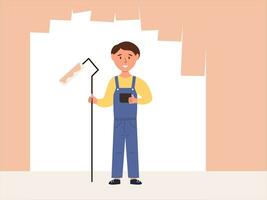 Pantone color 2024. Professional worker with brush Peach Fuzz. Painters recent characters vector illustration