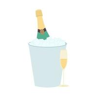 Wine bottle in bucket of ice with glass. Champagne vintage glass bottle. Vector illustration