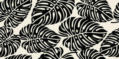 Monstera leaf seamless pattern. Hand drawn tropical leaves. Modern print in black and white color. natural ornaments for textile, fabric, wallpaper, home decor, background. vector