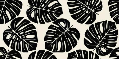 Monstera leaf seamless pattern. Hand drawn tropical leaves. Modern print in black and white color. natural ornaments for textile, fabric, wallpaper, home decor, background. vector