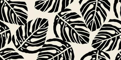 Monstera leaf seamless pattern. Hand drawn tropical leaves. Modern print in black and white color. natural ornaments for textile, fabric, wallpaper, home decor, background. vector