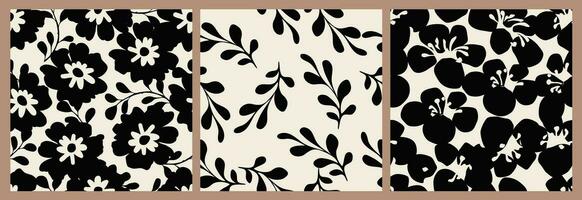 Set of flower seamless background. Minimalistic abstract floral pattern. Modern print in black and white background. Ideal for textile design, wallpaper, covers, cards, invitations and posters. vector