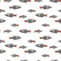 Watercolor drawing seamless pattern from fish with red fins in different sizes on white background, Hand drawn for postcards, photoframes, wrapping paper, textile printing, scrapbooking photo