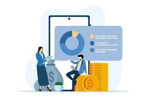 Development plan concept. Teams navigate digital planning, allocate resources, monitor results, and adapt strategies. Digitization, task tracking and feedback loops. Flat Vector Illustration.