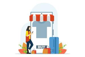 Payment concept in mobile e-commerce, characters buying goods on a mobile application in an online store and paying for the purchase with a debit card, online shopping, finance and payments. vector