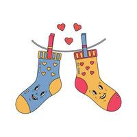 Romantic pair of striped socks hanging on a rope with hearts. Cute greeting card for Valentine's day in groovy retro style. vector