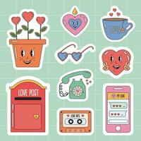 pegatina paquete en de moda retro dibujos animados estilo. hippie años 60, 70s estilo. retro dibujos animados contento san valentin día pegatinas paquete para diario planificador, diario. San Valentín día pegatina insignias, etiquetas. vector