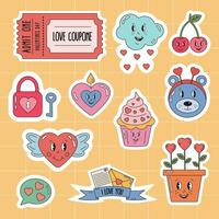 conjunto de linda vector amor pegatinas en retro maravilloso estilo para enamorado día. pegatina insignias y etiquetas, romántico temática Días festivos enamorado día embalar. romántico garabatear vector íconos para diario planificador, diario.