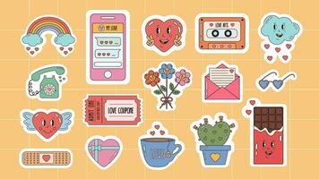 Sticker pack funny cartoon Valentine hearts, love elements. Groovy hippie love stickers. Collection of scrapbooking elements for valentines day. Romantic doodle vector icons for daily planner, diary.