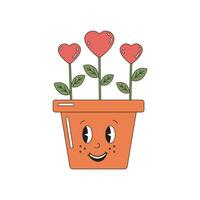 Cute flowers in shape of heart in smiling pot in retro groovy style. Smiling hippie romantic plants for Valentine day. Illustration for cards, T-shorts, cups. vector