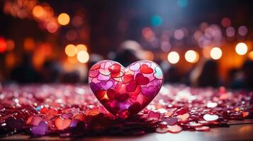 AI generated Heart-shaped box with beautiful flowers on dark background. Space for text. photo