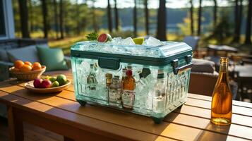 AI generated Ice bucket with ice cubes and bottles of alcoholic beverages on wooden table photo