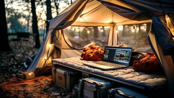 AI generated Camping in the woods. Laptop on a camping tent. photo