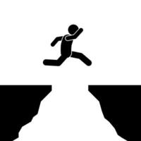 vector illustration of stick man, stick figure and pictogram jumping over a cliff, moving forward, never giving up