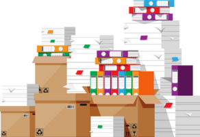 Pile of file folders, cardboard boxes and papers png