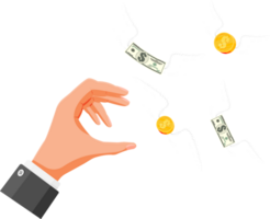 Dollars and coins with wings flying away from hand png