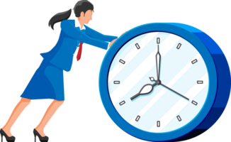 Businesswoman pushing big clock. png