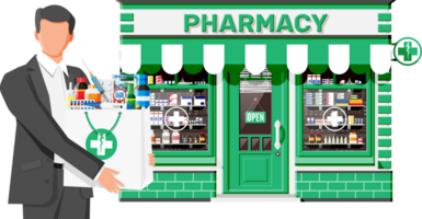 homme en portant pharmacie sac dans de face de pharmacie png