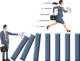 Business woman running away from falling domino. png