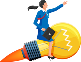 Businesswoman sits on flying rocket light bulb. png