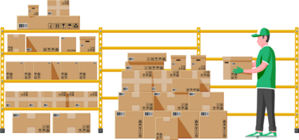 Warehouse shelves with boxes and mover png