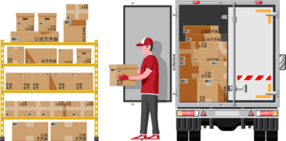 Warehouse shelves with boxes, truck and mover png