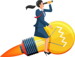 Businesswoman flying on big idea bulb rocket png