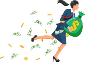 Businesswoman holding sack full of money. png