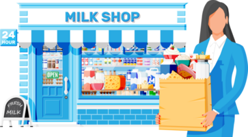 Dairy store or milk shop and woman customer. png