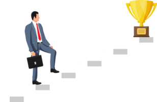 Businessman and gold trophy on ladder of success. png