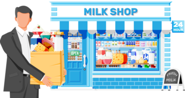 Dairy store or milk shop and man customer. png