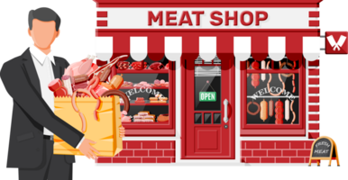 Butcher shop store facade with man customer. png