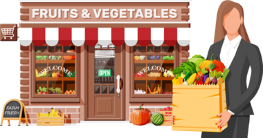 Fruit and vegetable store facade with woman png