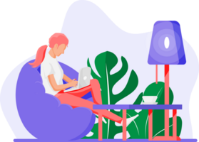 Freelancer woman with laptop in beanbag chair. png