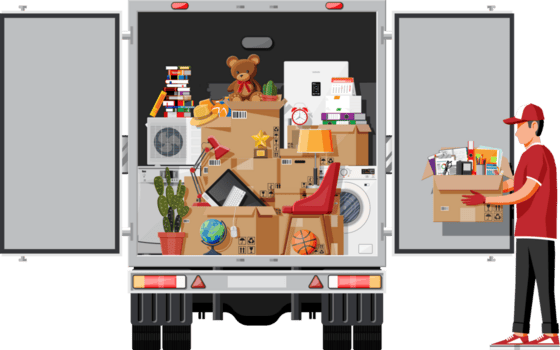 leverans lastbil full av Hem grejer inuti. png