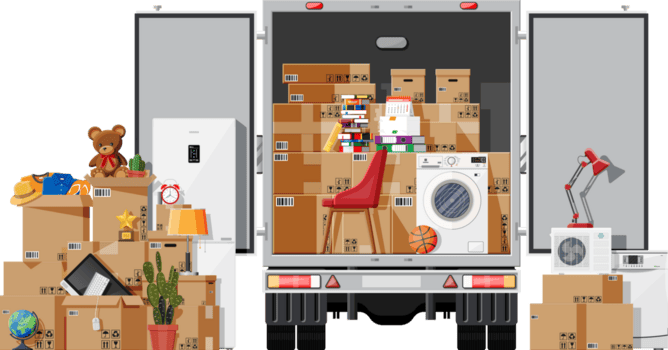 leverans lastbil full av Hem grejer inuti. png
