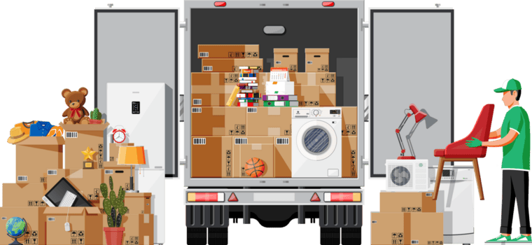 leverans lastbil full av Hem grejer inuti. png