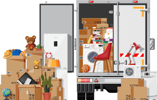 leverans lastbil full av Hem grejer inuti. png