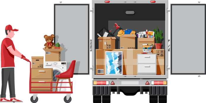 leverans lastbil full av Hem grejer inuti. png